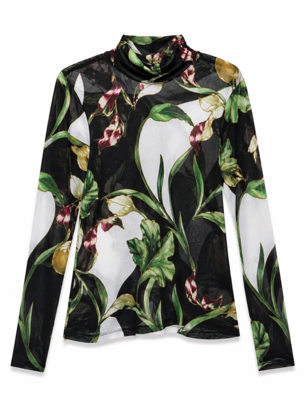 White House Black Market Botanical Print Sheer Mesh Turtleneck Top Size Small